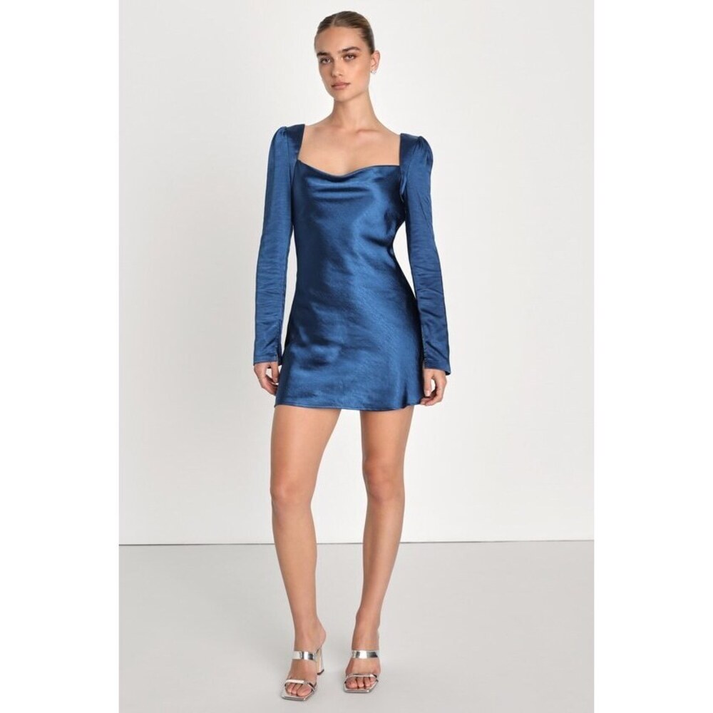 Lulus Adoring Charm Dark Blue Satin Long Sleeve Backless Mini Dress - Size S